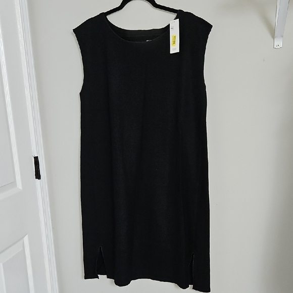 NWT Eileen Fisher Boiled Wool Jersey Women's Black Ballet Neck Shift Dress L - Picture 3 of 9